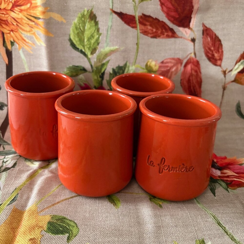 (4) La Fermière Yogurt Pots HTF Orange — Cleaned Rims!!